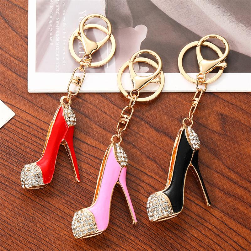 Prachtige 3D Email Hoge Hak Schoenen Vorm Metaal Schattige Kristallen Bloem Sleutelhangers Vrouwen Auto Sleutel Accessoires Tas Bedeltje 3PC gray