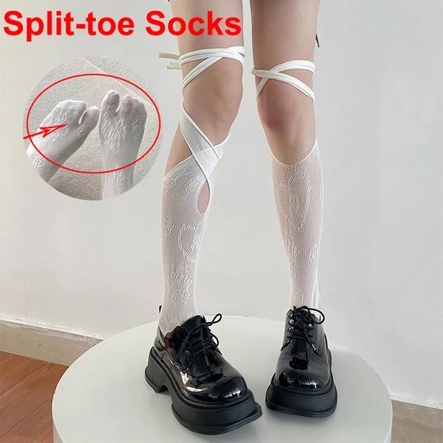 

Women s Jk Tie Lace Fishnet Stockings Irregular Split-toe Calf Socks Middle Tube Socks Straps Summer Sexy Long Japanese Socks белый