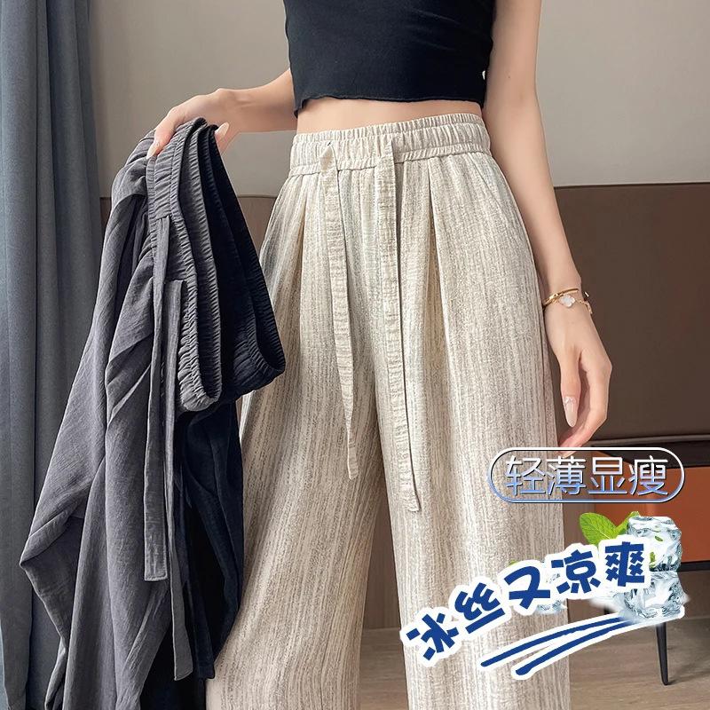 Women s High Waist Wide Leg Pants Straight Leg Japanese Casual Tie-Dye Crinkled Ice Silk Drawstring Linen Texture Cool Summer Relaxed Trousers M