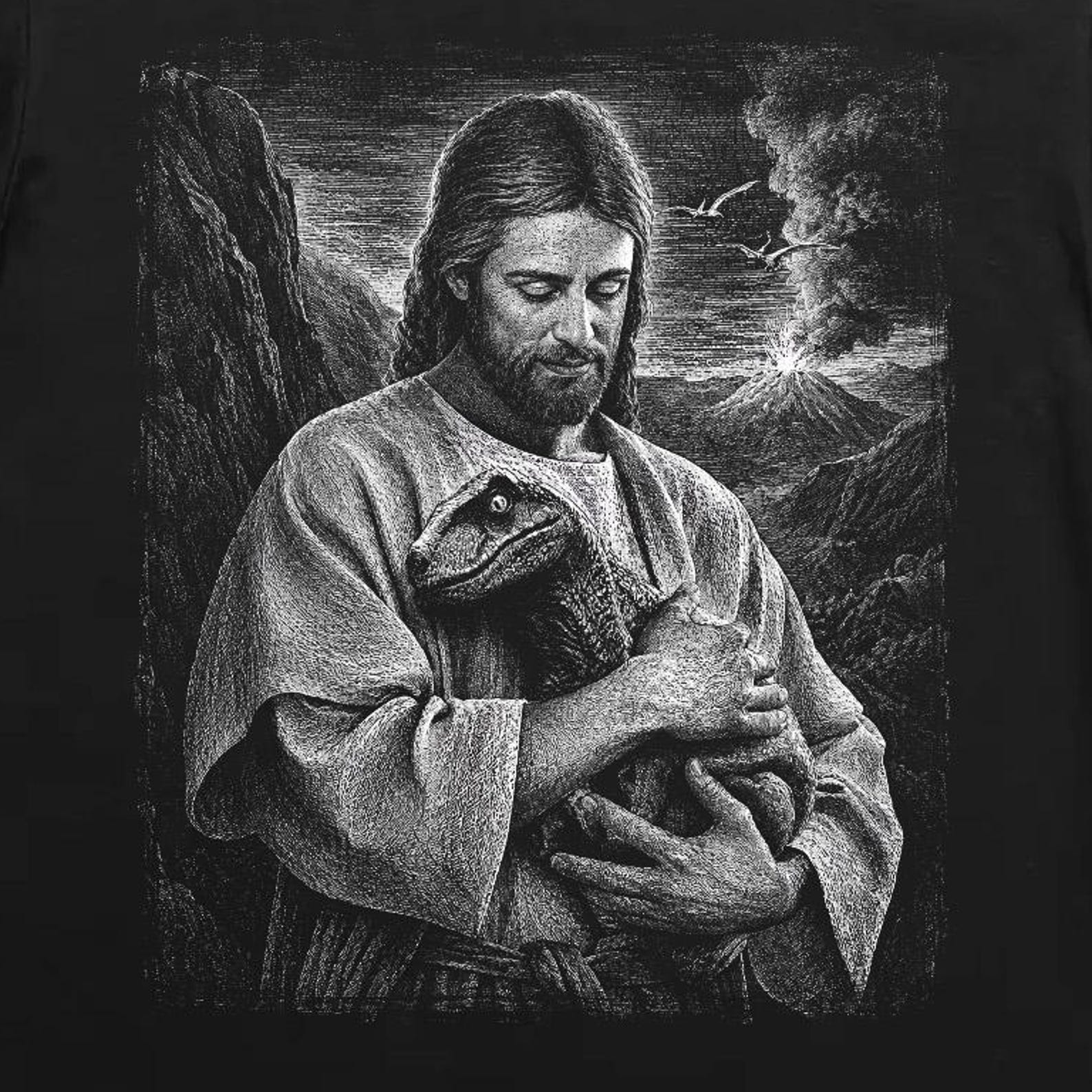 Jesus Dinosaur Funny Prehistoric Savior Volcano Reptile Dark Humor T-Shirt 3XL