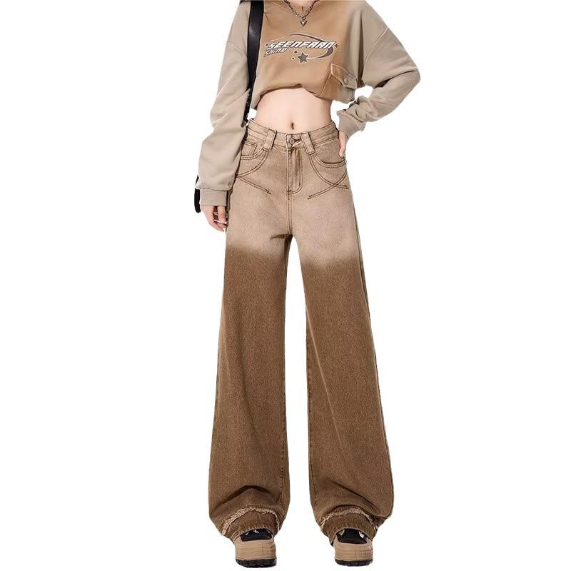 Women's Gradient Brown High-Waisted Wide-Leg Jeans - Spring/Autumn 2024, Loose Slimming Straight-Leg Floor-Length Trousers