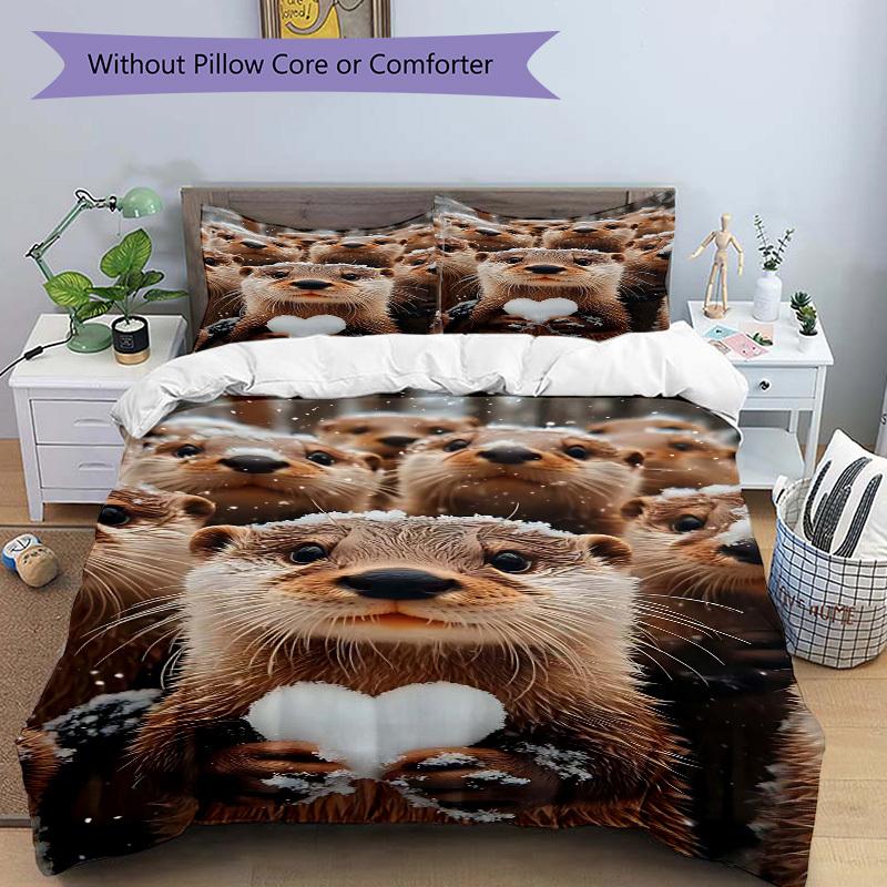 3-teiliges Anime-Otter-Herz-Schneeflocken-Bettwäscheset - Enthält eine Bettbezug und zwei Kissenbezüge (Kein Kern) - Polyesterstoff, Perfekt für Schlafzimmer
