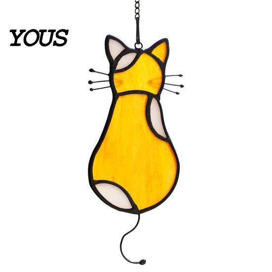 Cat Back Shape Decoration Acrylic Pendant, with Metal Hanging Chain, Stained Glass Effect Silhouette Window Pendant Decoration, for