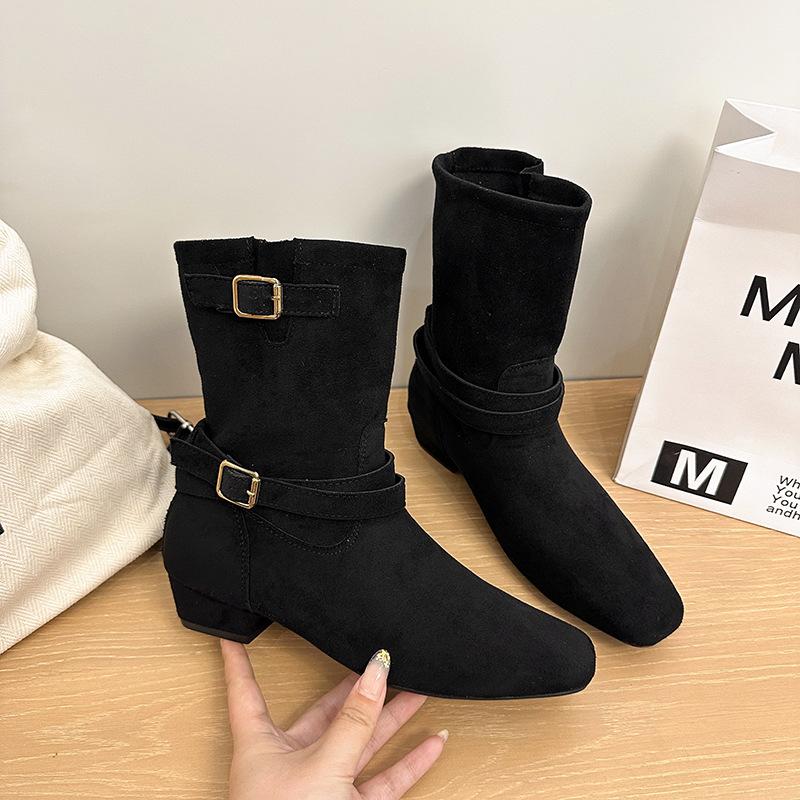 Niche suede retro belt buckle stacking boots women's 2025 new French thick heel versatile and thin medium tube Martin boots
