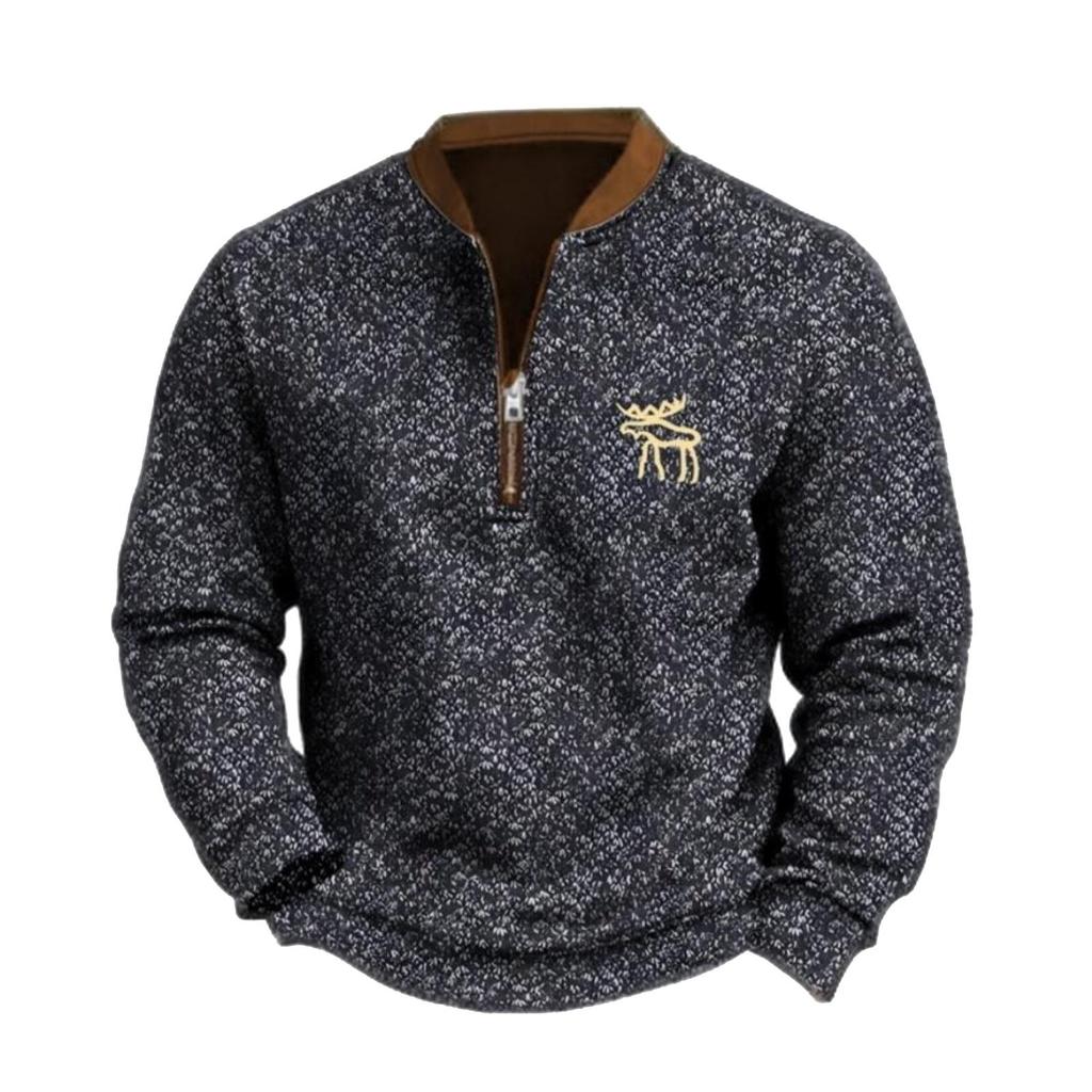 Men's Casual, Trendy, Retro American- Printed Round-neck Long-sleeved Half-pull Hoodie