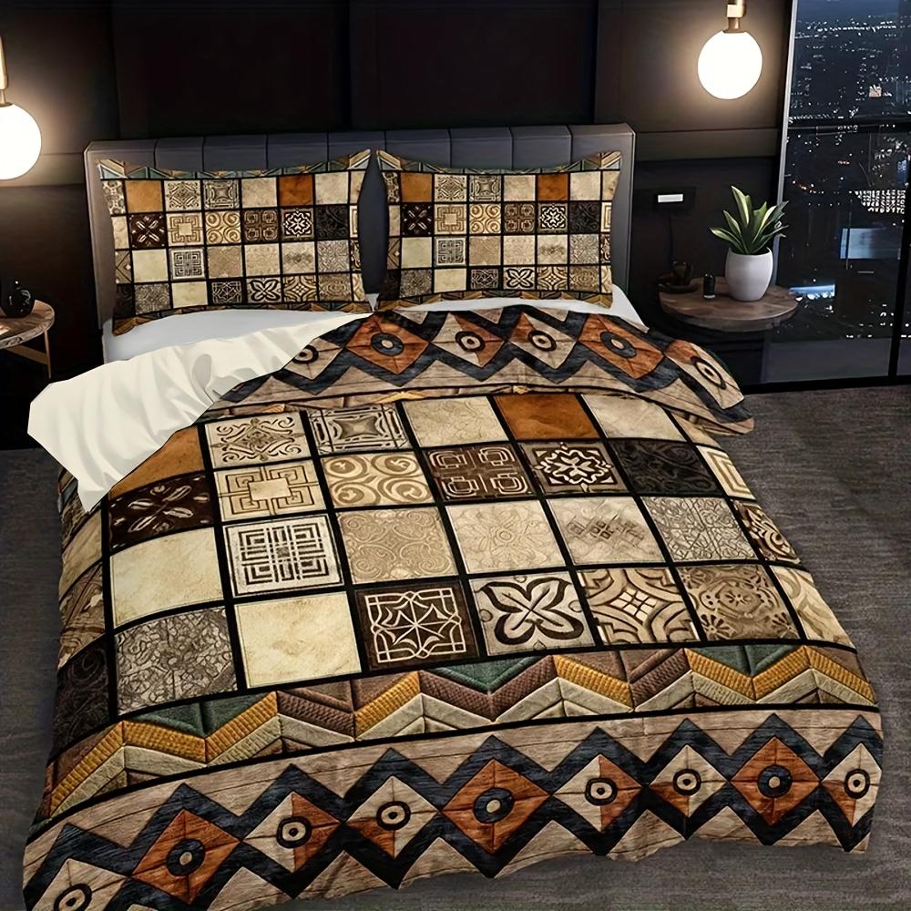 3Pcs Retro Tribal Geometric Patchwork Duvet Cover Set, HD Printing All Season Bedding with Pillowcases for Home Dorm Decor