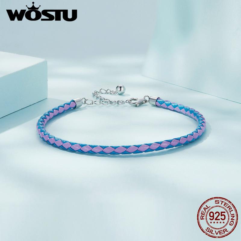 WOSTU 925 Sterling Silver Simple Leather Bracelet Fashionable Individual Lobster Clasp Bracelet