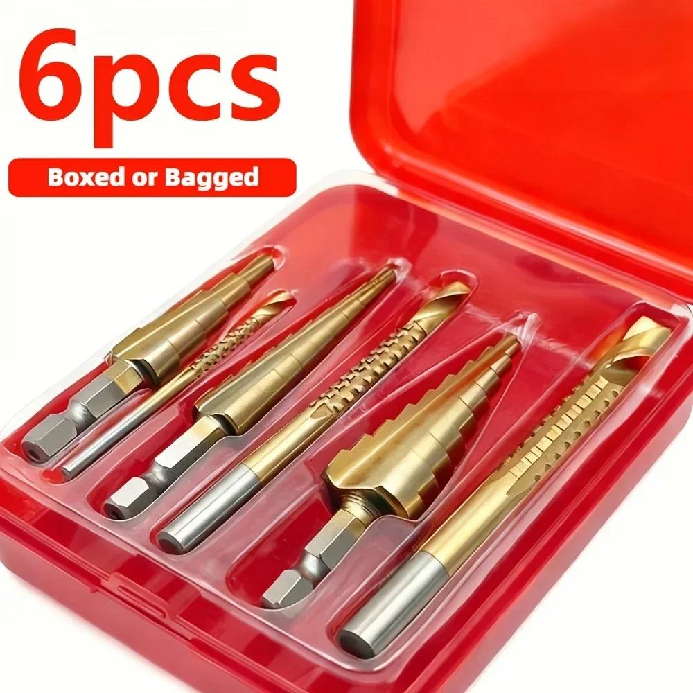 6Pcs Step Saw Drill Bit Set,HSS Titanium Drill Bits Kit for Metal Iron&Wood, 4-12 4-20 4-32mm 3 6 8mm Drilling Hole Cutter Tools