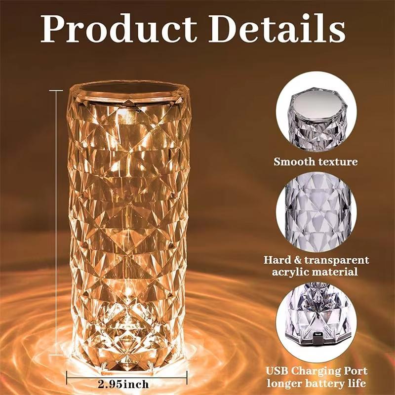 Crystal Table Lamp for Bedroom 16 Colors Touch/Remote Dimmable Night Light USB LED Bedside Diamond Rose Lamp