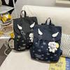 Vintage Star Striped Denim Backpack Student Class Book Bag