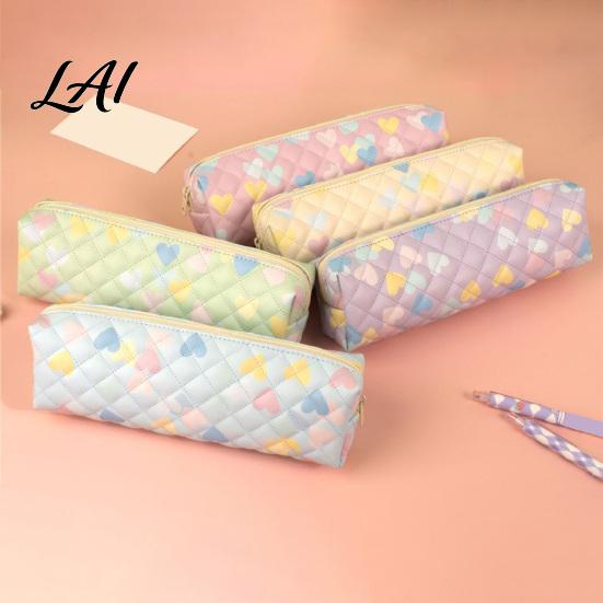 Square Pencil Pouch Heart Print Case Minimalist Pen Pouch Large Trendy Student Case Capacity Stationery Bag for Students School Office Supplies
