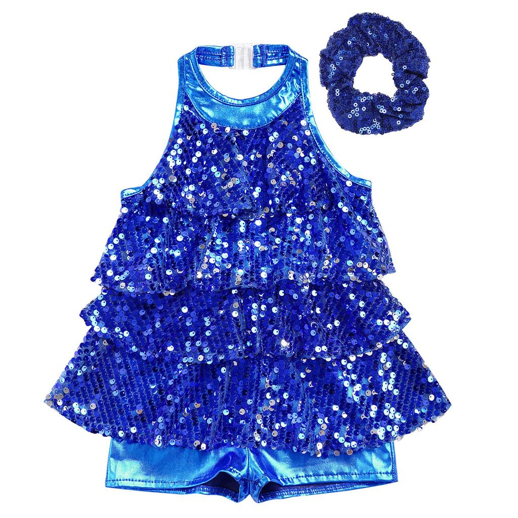Shiny Sequins Halter Leotard for Girls: Backless Design with Hair Tie Headwear for Modern Jazz Latin Dance Costume