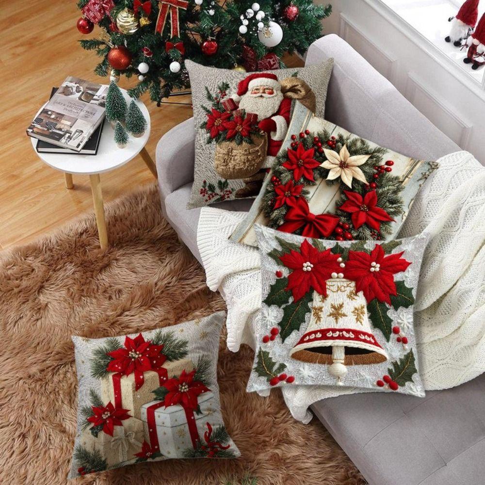 Christmas Cushion Cover Christmas Tree Pattern Snowflake Decorative Pillowcase Santa Claus Cartoon Square Shape