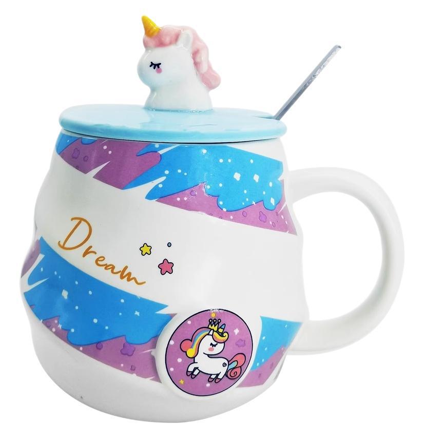 Ceramic Unicorn Mug - Rainbow Spiral Coffee Cup with Lid & Spoon, Cute for Girls