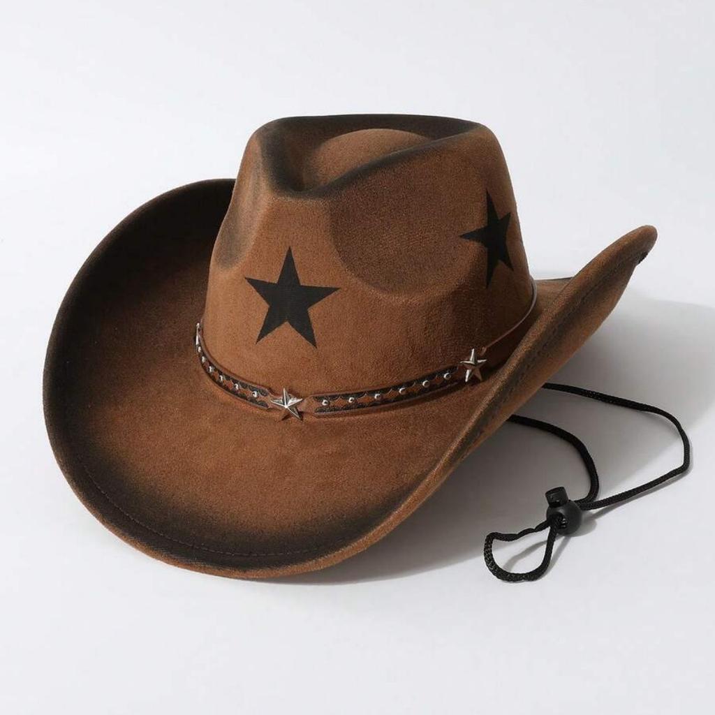 Western-style Tibetan Cowboy Hat for Men and Women, with Five-pointed Star Print, Faux Suede, Rivets, Wide Brim, Outdoor Riding Sun Protection Hat