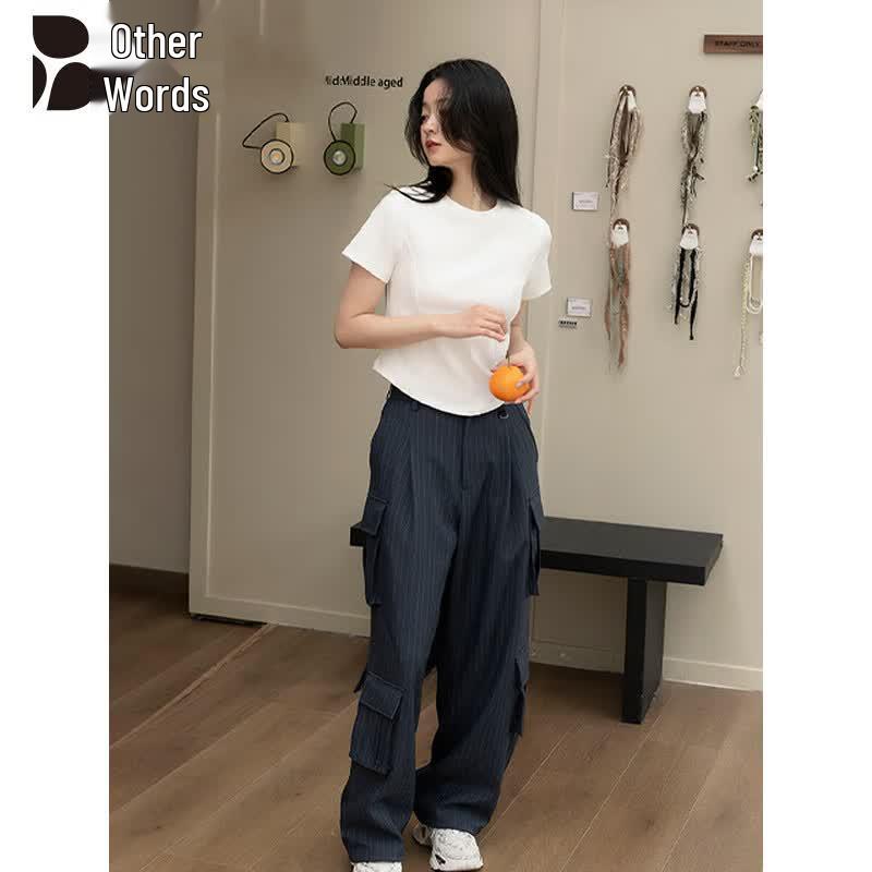 Women's Straight Shoulder Slim-Fit Round Neck Short Sleeve T-Shirt