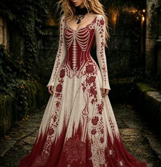 Abito da donna vintage gotico con teschio e rosa, motivo a gradiente, vestito lungo di Halloween con motivo a gradiente