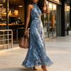 Soft Texture Dress Floral Chiffon for Women Halter Sleeveless Ruched Maxi Spring Daily Wear Dress Turtle Neck Wedding Guest Cocktail Evening