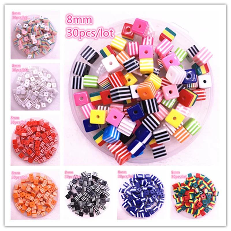 New Jewelry Resin Spacer Square Beads Mixed Striped Pattern about 30pcs 8mm( 5/16") Dia, Hole: Approx 2.0mm