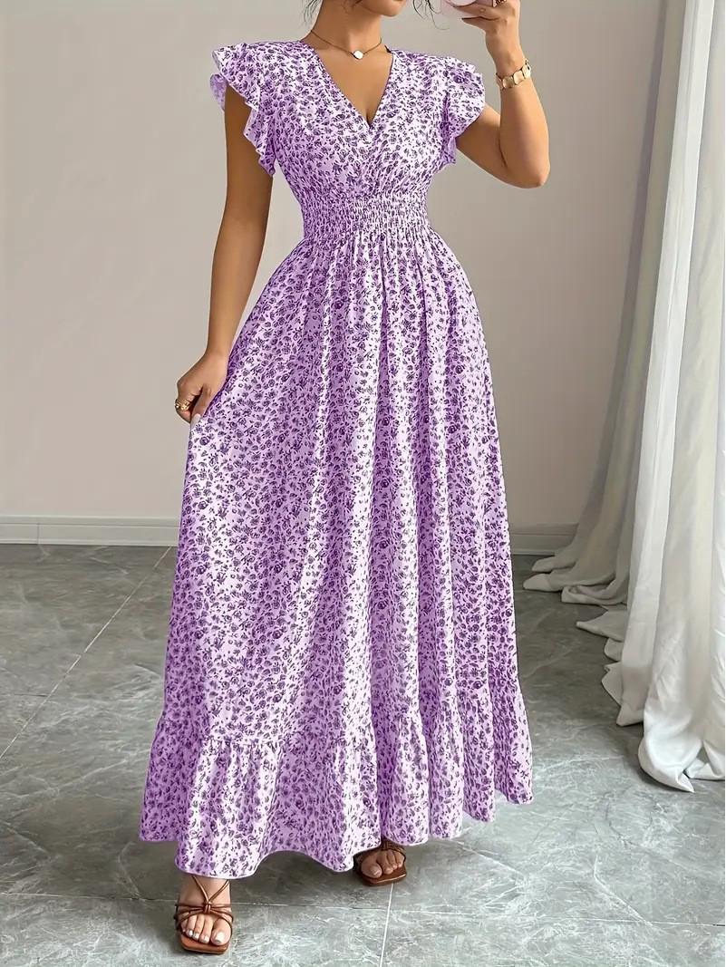 2026 S/S European & American V-Neck Floral Print Midi Dress with Cinched Waist, High Waist, and Short Sleeves S