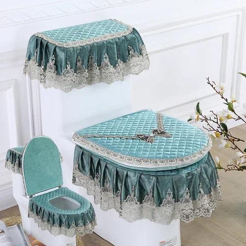 3PCS Velvet Skirt Style Toilet Mat Embroidered Lace Decorated Toilet Seat Mat Printed Dust Cover of Toilet Closestool