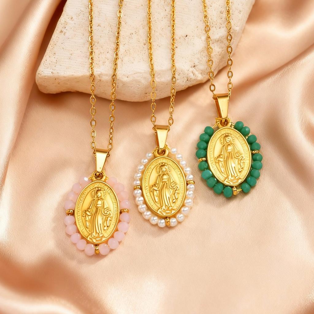 Classic Virgin Mary Pendant Necklace for Women, Zircon Imitation Pearl Natural Stone Bead Charm Necklace,Stainless Steel Jewelry