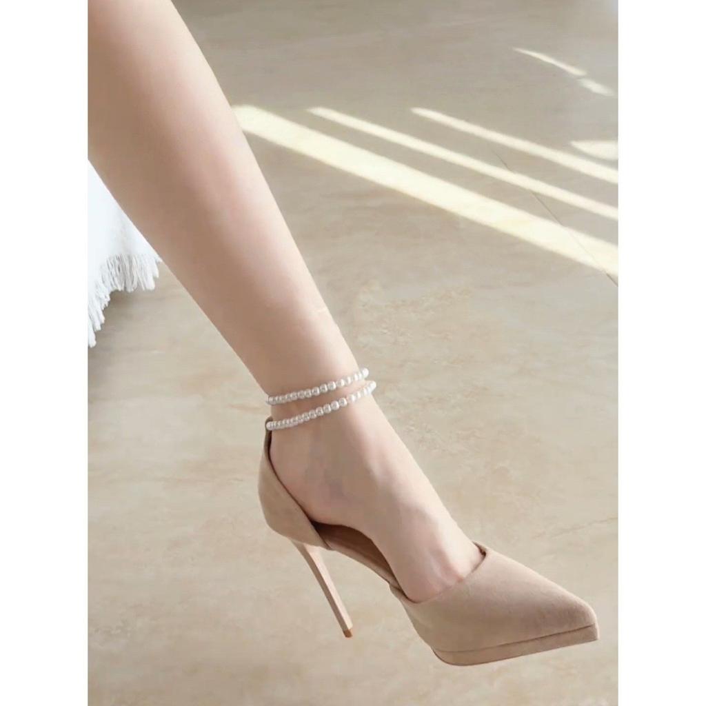 New niche nude versatile high heels women's design sense elegant temperament one-word pearl chain buckle high heels