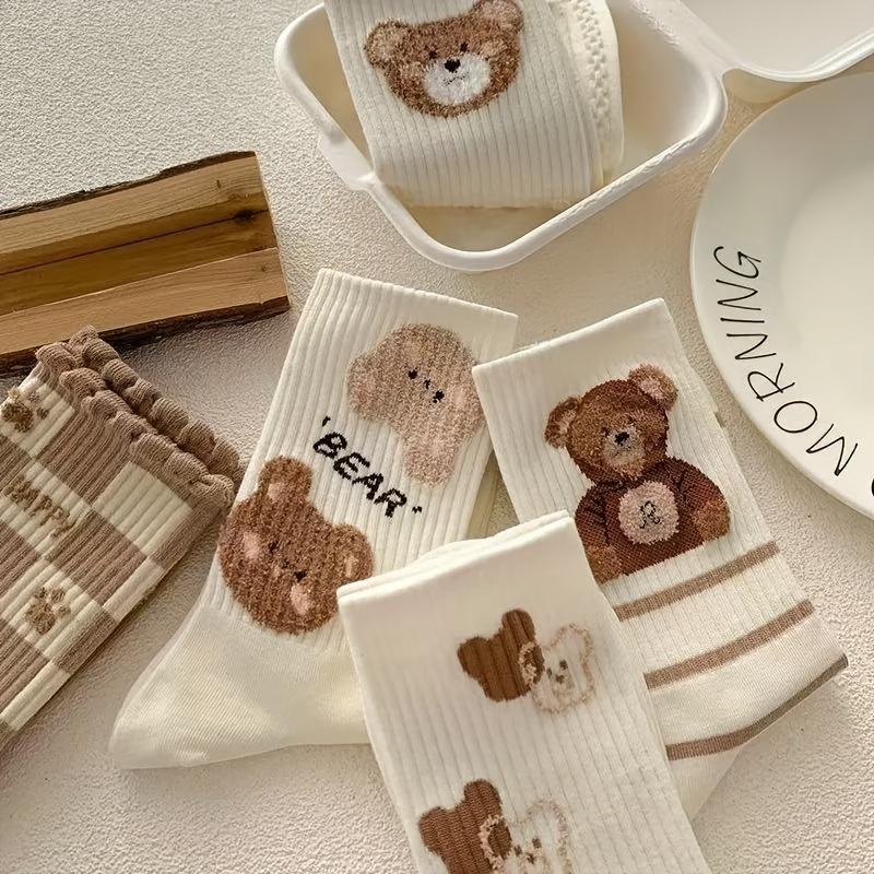 5 Pairs of Adorable Coffee-Colored Socks Women Comfortable Breathable Mid-Calf Socks with Playful Teddy Bear Designs Checkered Pattern Socks