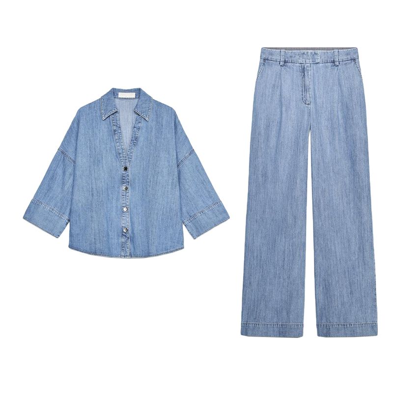 Wide Sleeve Minimalist Casual Denim Shirt 1879025 High Waist Pleated Wide Leg Leisure Casual Denim 1879026