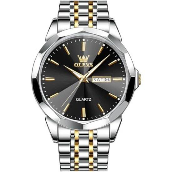 OLEVS mens watch diamond business dress analog quartz stainless steel waterproof luminous date two-tone luxury casual black One Piece