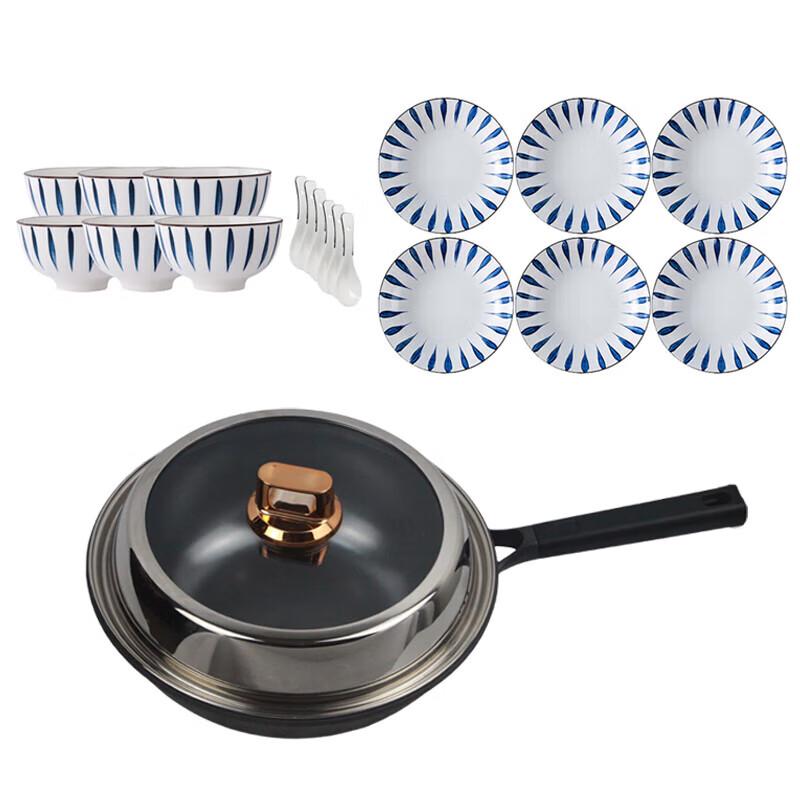 Lu Fenglai 32cm Cast Iron Wok & Japanese Orchid Tableware Set