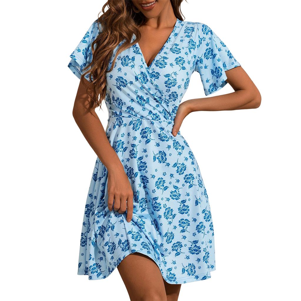 Women's Summer Casual Dress V Neck Short Sleeve Floral Print Wrap Style Above Knee Length Lightweight Fabric