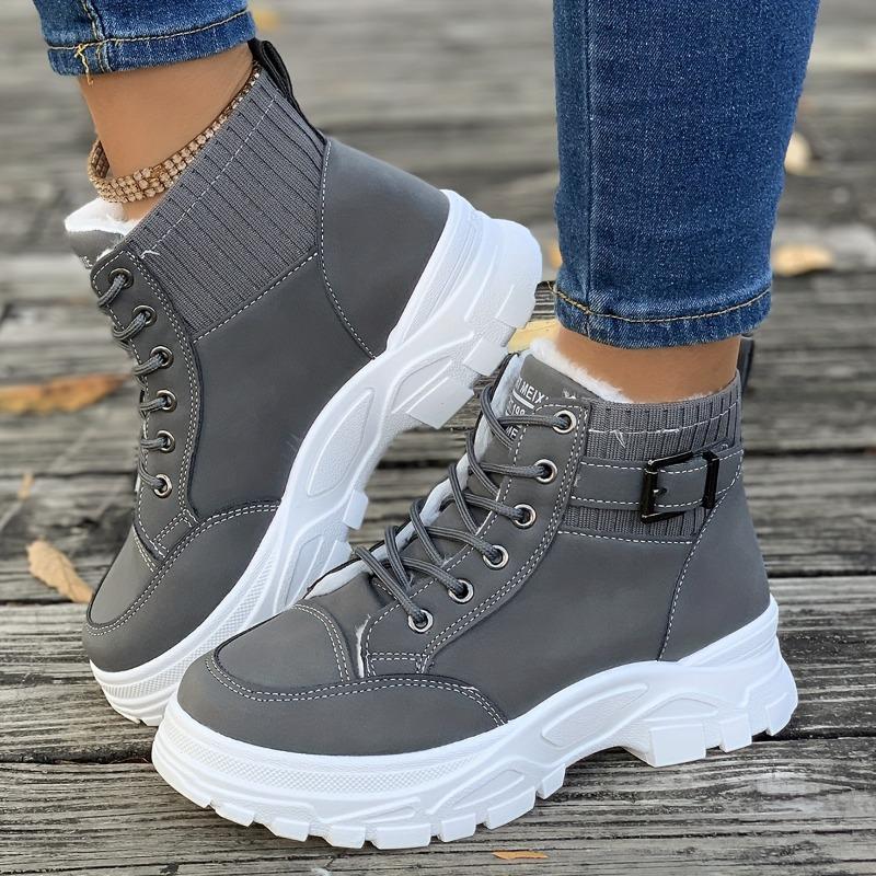 Kurze Plateaustiefel für Damen in Volltonfarbe, modische Stiefel mit Schnürung und Plüschfutter, bequeme Winterstiefeletten