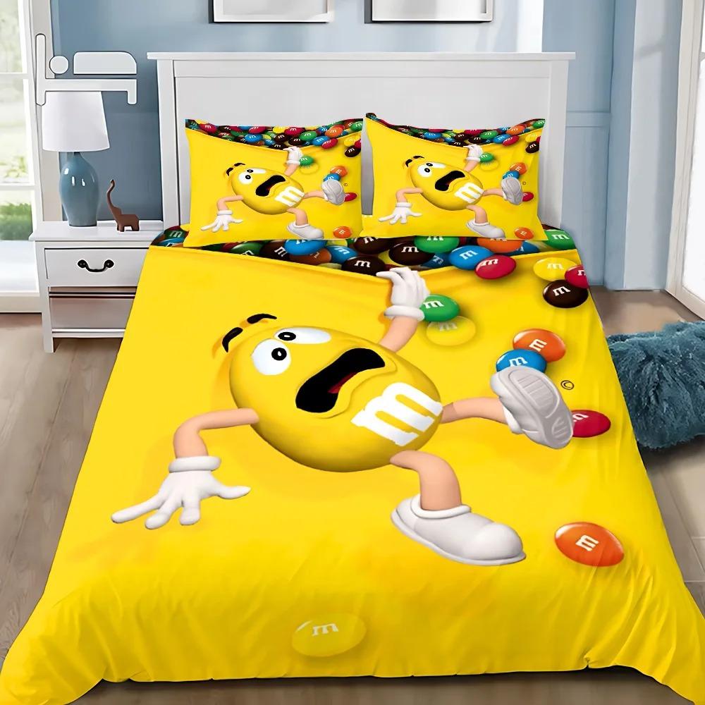 Fashion M&M Chocolate Logo Duvet Cover Pillowcase Bedding Set Boys Girls Bedroom Decoration Children Gift Single Double Size