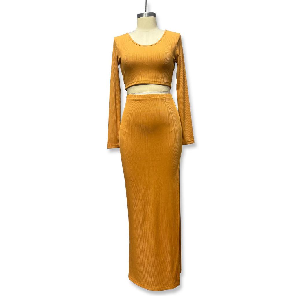 Women's Solid Color Knit Long-Sleeve Top & Midi Slit Wrap Skirt Set