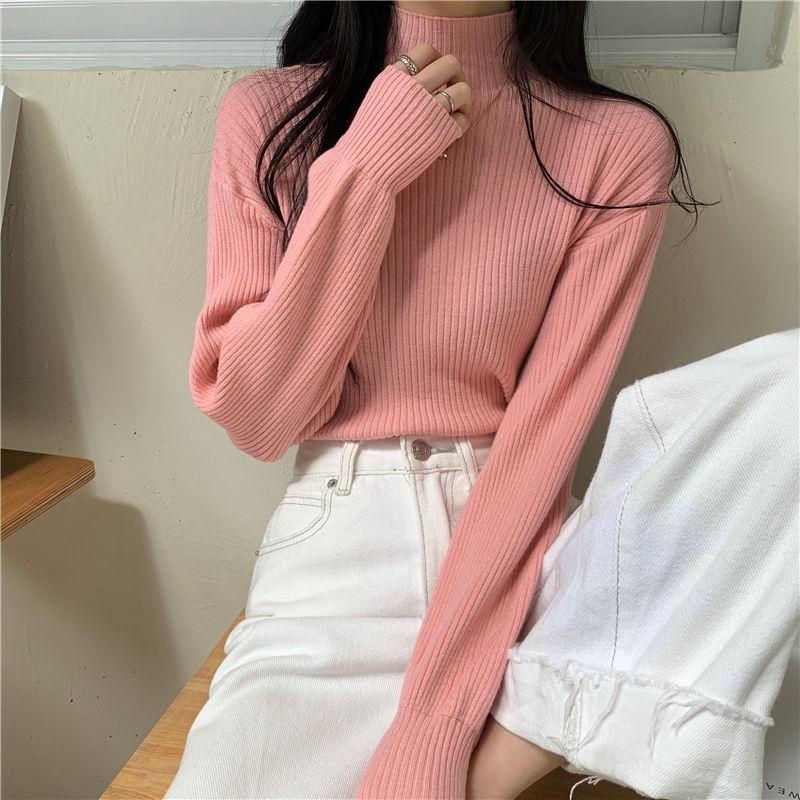 Women's Black Sweater Half Turtleneck Knitwear with Lantern Sleeves Slim Fit Long Sleeve Top for Autumn and Winter Base Layer