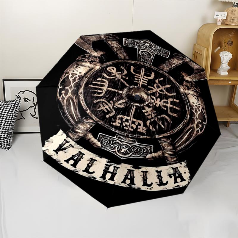 Valknut Print Automatic Umbrella, 8 Rib Iron Frame, Plastic Handle, Suitable for Outdoor Travel &Daily , Ideal Gift