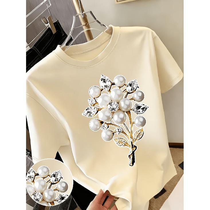 New Sweet Style Pearl and Rhinestone Bouquet Print Short Sleeve Round Neck Shirt T Women's T Shirt Suitable for Casual Outings In Spring and