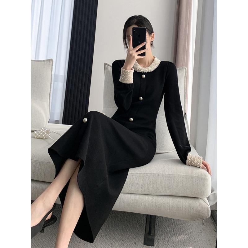 Winter Temperament Socialite High-end Black Super Figure Knitted Sweater Backing Dress Children