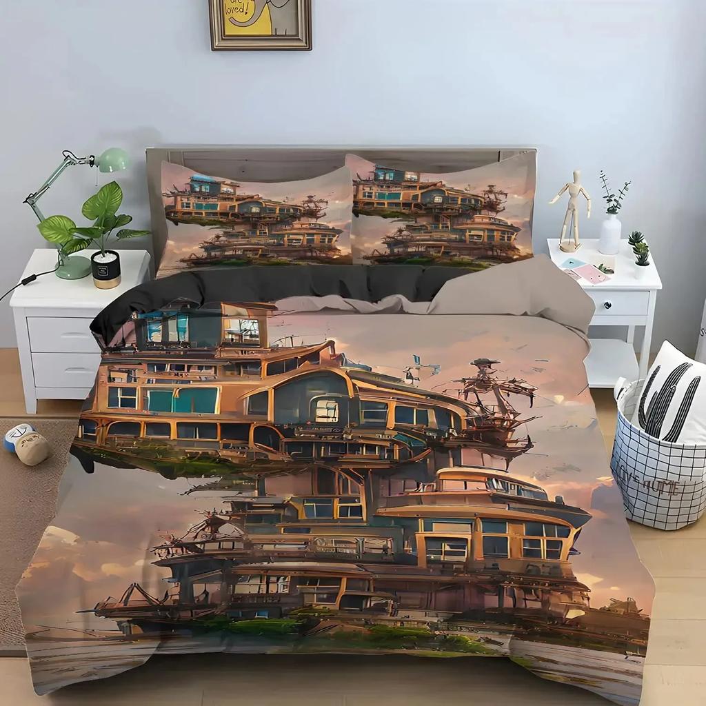 Segelboot Bettbezug Set Maritimes Bettwäsche Set Segelschiff Bettbezug Holzboot Piratenyacht Abenteuer Thema Quiltbezug