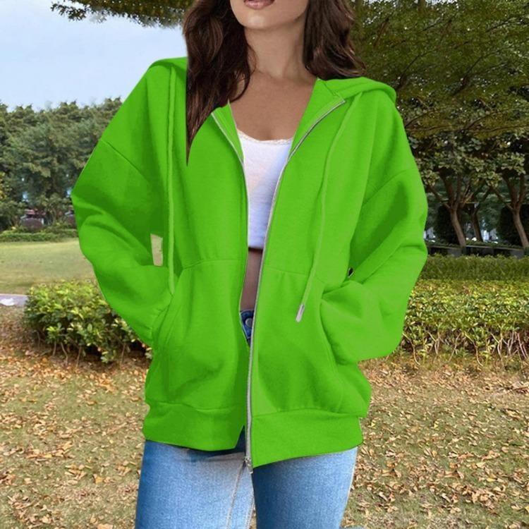 Women Fashion Casual Hooded Long Sleeve Solid Color Zippered Sweatshirt