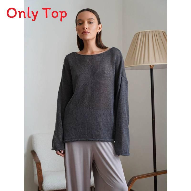 Polyester Knit Sweater With Openwork Lace Design Bell Sleeve Round Neck Summer Layering Top