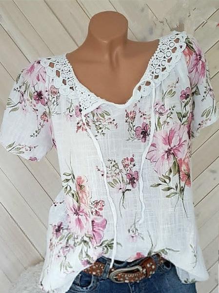 Short Sleeve V Neck Printed Lace Trim T Shirt For Women Summer S белый