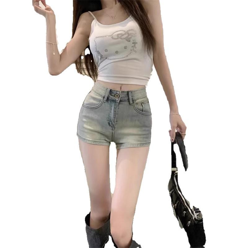 American Women's High Waist Distressed Denim Hot Pants - Spicy Summer Slim Straight Shorts