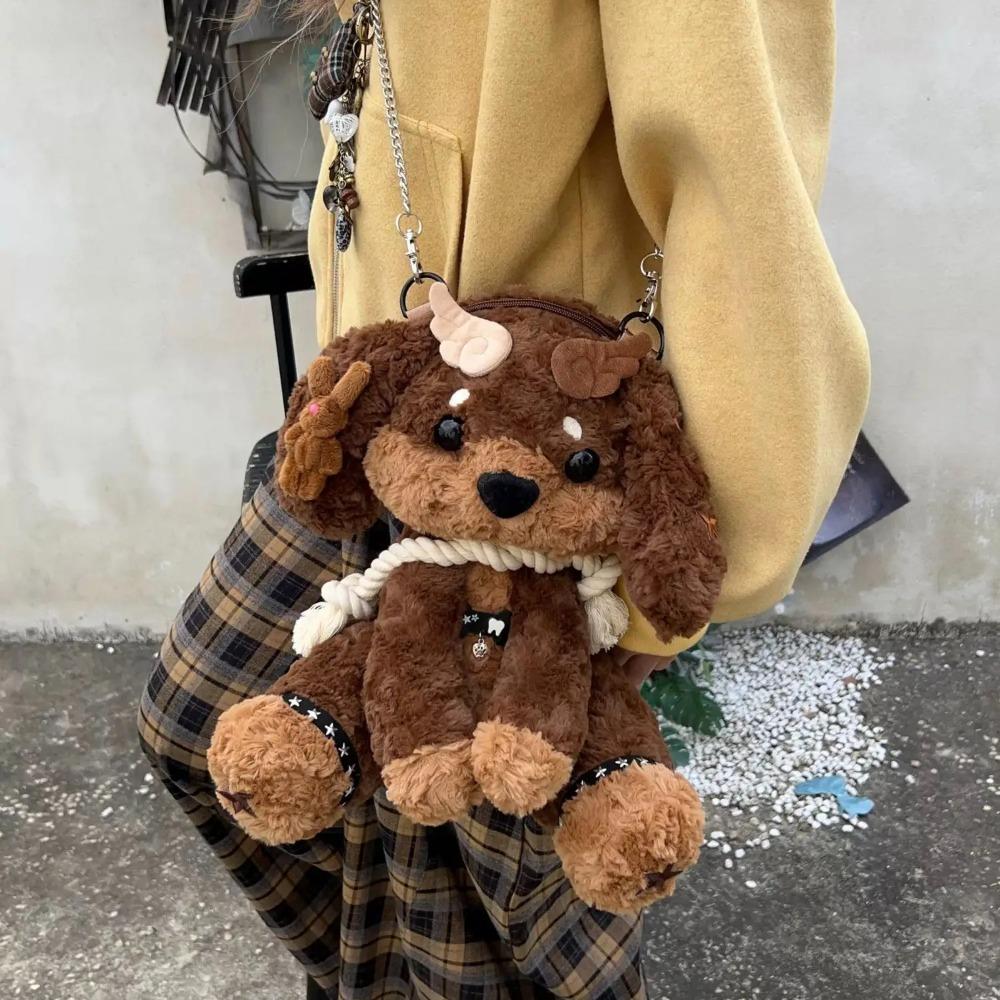 Herbst / Winter Neu Original Niedlicher Welpen Plüschtier Form Rucksack Japanischer Und Koreanischer Niedlicher Cartoon Stil Plüsch Damen Tasche Trend