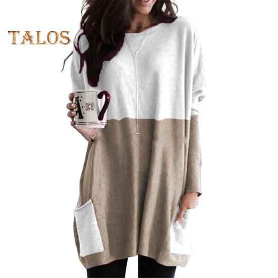 

Женские топы с круглым вырезом, длинным рукавом, цветные пуловеры с карманами, свободный крой, рубашка средней длины, повседневная одежда 3XL хаки