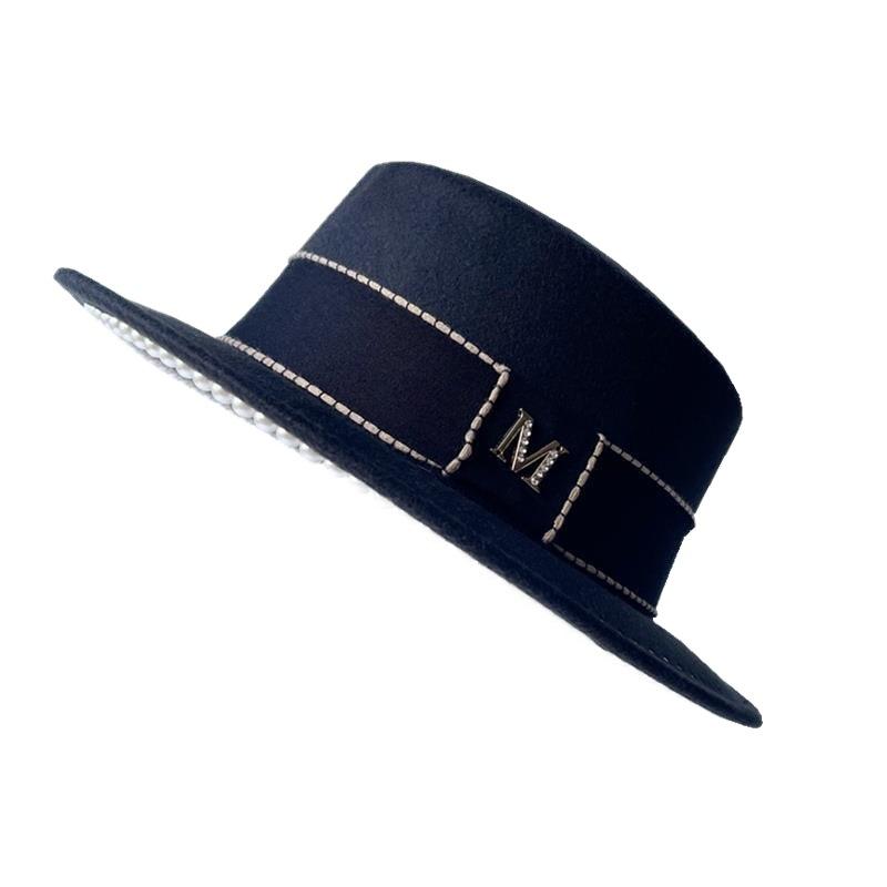 French Hepburn Style Pearl Woolen Hat Black Retro Flat Top Hat Women's Autumn Winter Socialite British Jazz Hat