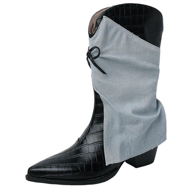 Thick-soled thick heel inner height increase medium tube short boots season bow pointed trousers boots women's high-heeled knight boots tide