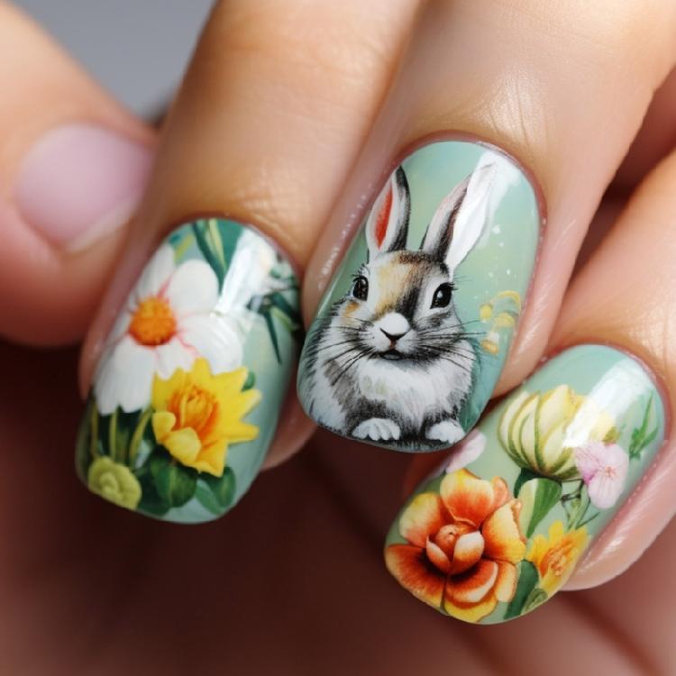 

24x Easter Rabbits Full Cover False Nail Short Square Press On Nail Flowers Stick on Nail Green Acrylic Nail 1