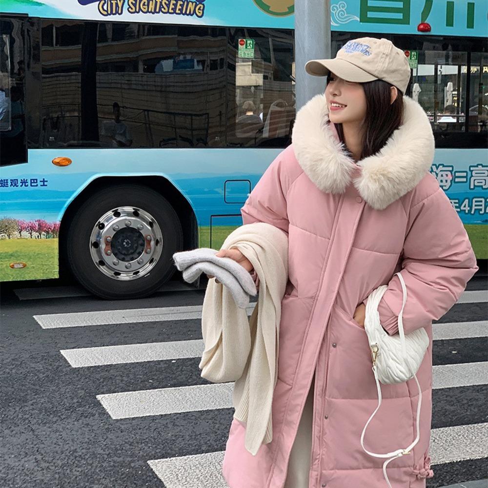 New winter down cotton clothes women's medium and long knee-length thickened slim-fitting big fur collar hooded jacket